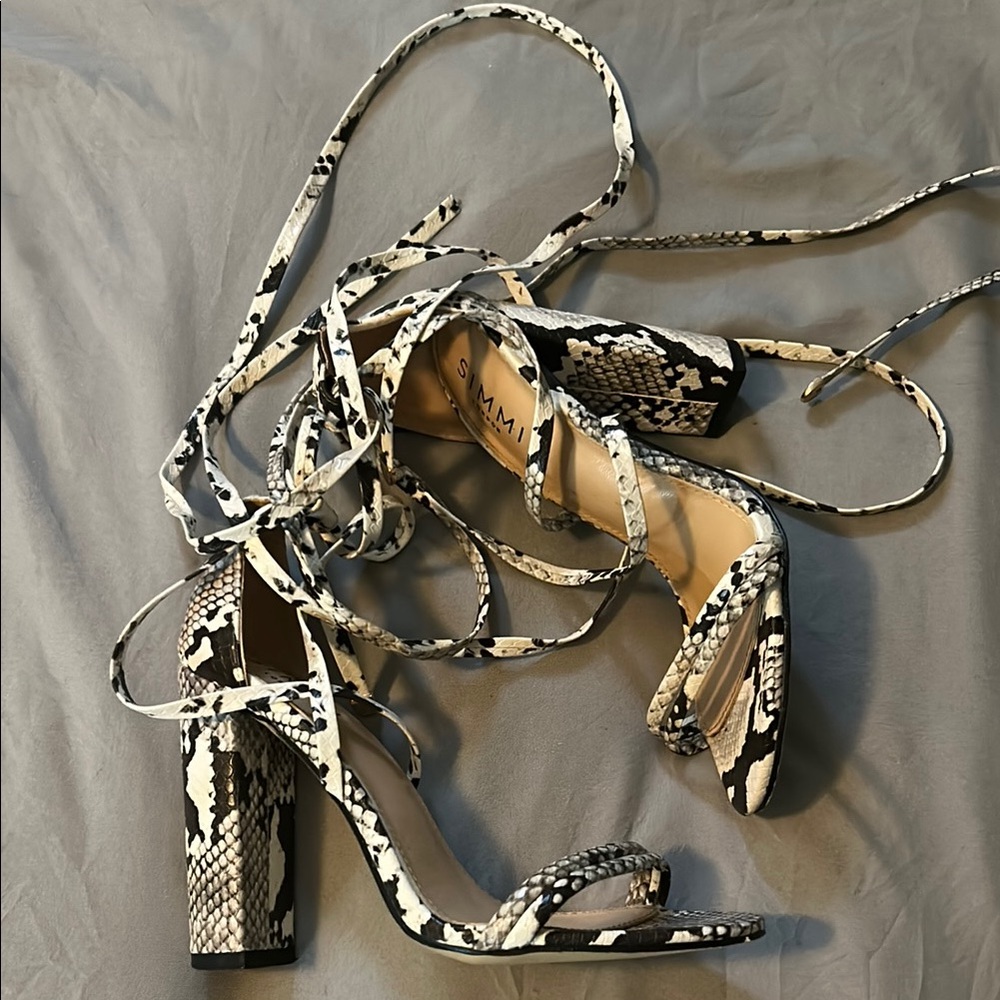 Snakeskin Lace-Up Block Heel Sandals